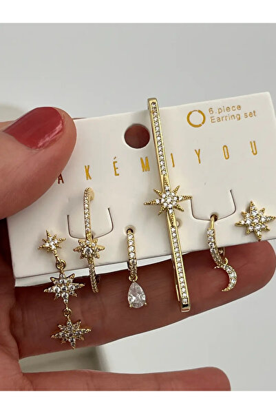 ParlaTakıAksesuar Özel Seri Kıkırdaklı Kristal Taşlı Çoklu Küpe 14K Renk