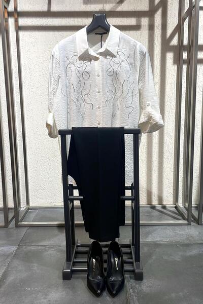 Metpoint Plus Mode Large Size Stone Printed Woven Ecru Shirt