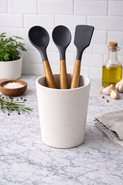 Durina Living طقم مكون من 3 قطع من السيليكون بمقبض خشبي، ملعقة وملعقة مسطحة و...