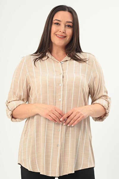 Metpoint Plus Mode Large Size Striped Basic Beige Shirt