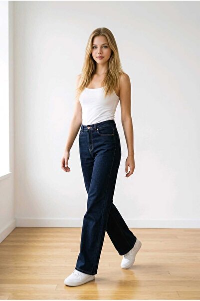 OurStyles Laufen Lycra Wide Leg Women's Trousers - Dark Navy Blue Jeans New S...