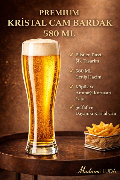 MADAME LUDA Premium Crystal Glass Pilsner Beer Glass. (22 Cm-6 Pieces-580 ml)