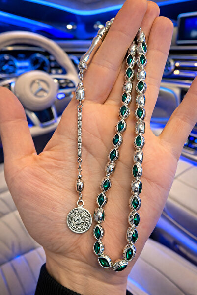 A-STİL TAKI Men's Gift Heavy Green Silver Plated Prayer Beads