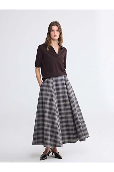 LC Waikiki NEVAVM με διαφορά LCWAIKIKI Κλασική καφέ ψηλόμεση καρό φούστα - S6...