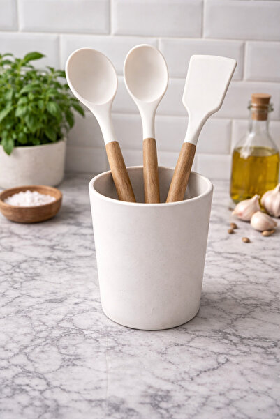 Durina Living طقم مكون من 3 قطع من السيليكون بمقبض خشبي، ملعقة وملعقة مسطحة و...