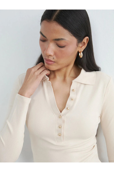 LC Waikiki Ecru Polo Neck Corded Fabric Women's Bodysuit