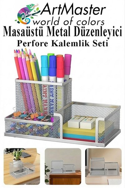 Artmaster Gümüş Gri Masaüstü Metal Kalemlik Seti 3 lü Kombo 1 Paket Fileli Perfore Renkli Kalemlik Kağıtlık Kü