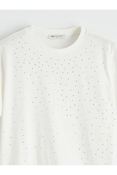 LC Waikiki Λευκό γυναικείο μπλουζάκι με λαιμόκοψη ποδηλάτου και στρας