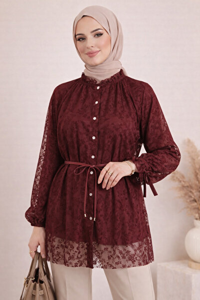 bellura Dik Yaka Beli Bağcıklı Balon Kol Baskılı Astarlı Tül Tunik