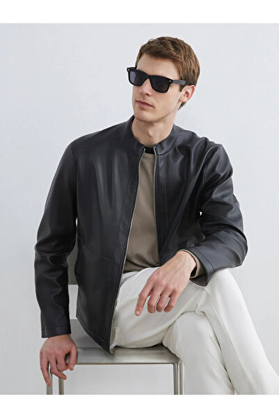 LC Waikiki Beige Standard Fit Stand Collar Men's Leather Look Coat