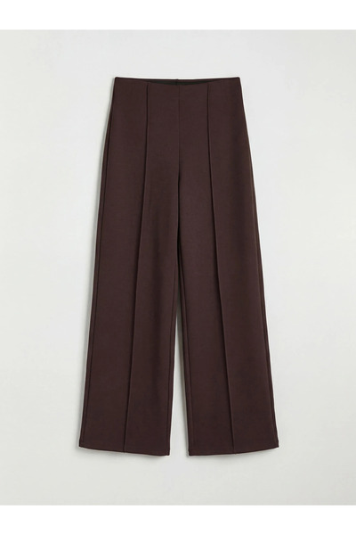 LC Waikiki Καφέ ψηλόμεσο γυναικείο παντελόνι με φαρδιά μπατζάκια