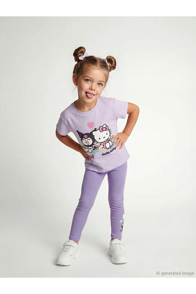 LC Waikiki Tricou și colanți din bumbac pieptănat pentru fete, cu imprimeu He...