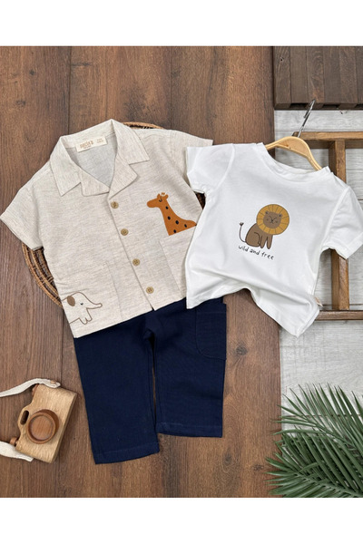 Bolly Baby Safari Printed Linen Front Buttoned Summer 3-Piece Baby Boy Set