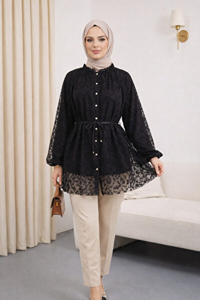 bellura Dik Yaka Beli Bağcıklı Balon Kol Baskılı Astarlı Tül Tunik