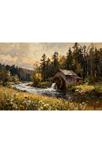 VeliumCraft Tablou Canvas Moara de apa 5, 90x60cm, padure, rau, natura, stil ...