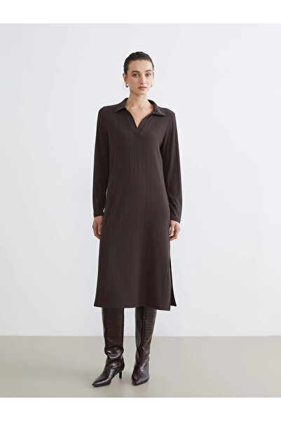 LC Waikiki Καφέ φόρεμα σε γραμμή Α με ριγέ γιακά που μοιάζει με πουκάμισο