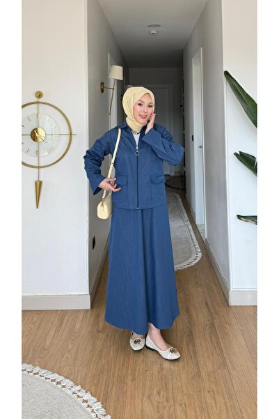 MİREL STORE Aura Women's Zippered Jeans Denim 2-Piece Set Jacket Skirt