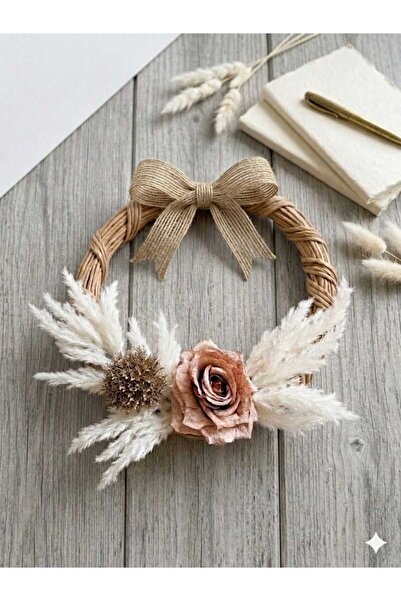 PAKETA Rustik Jüt Fiyonklu Pampas Otlu ve Yapay Kuru Gül El Yapımı Kapı & Duv...