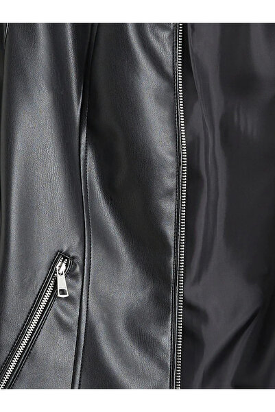 LC Waikiki Μαύρο γυναικείο μπουφάν εφέ δέρματος με λαιμόκοψη