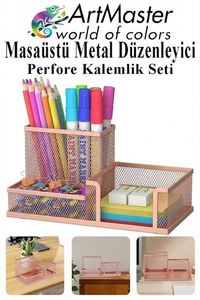 Artmaster Bakır Yaldız Masaüstü Metal Kalemlik Seti 3 lü Kombo 1 Paket Fileli Perfore Renkli Kalemlik Kağıtlık