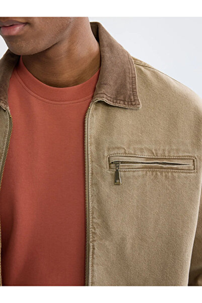 LC Waikiki Bej Rahat Kalıp Kadife Yaka Erkek Jean Ceket