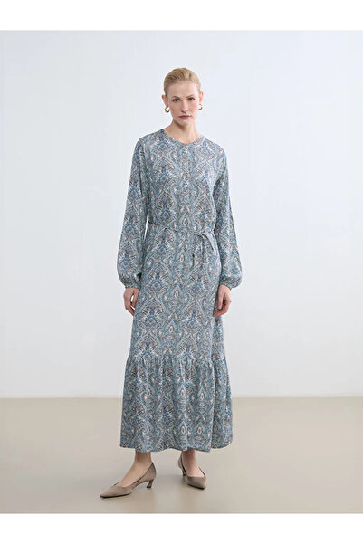 LC Waikiki Μπλε φόρεμα με βολάν και σχέδιο στο λαιμό