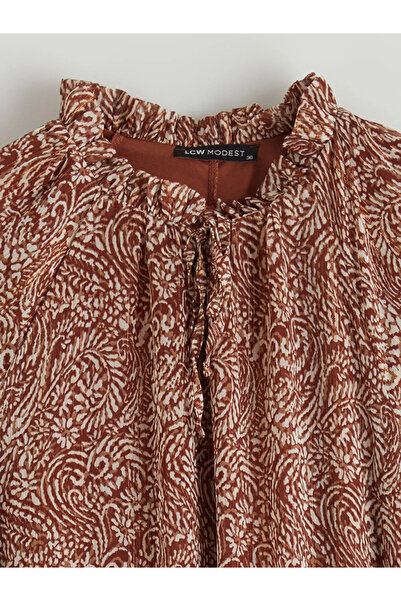 LC Waikiki Φόρεμα με μοτίβο με καφέ λαιμόκοψη με βολάν και μανίκια μπαλόνι