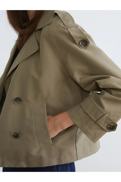 LC Waikiki Khaki Double-Breasted Collar Oversize Women's Trench Coat