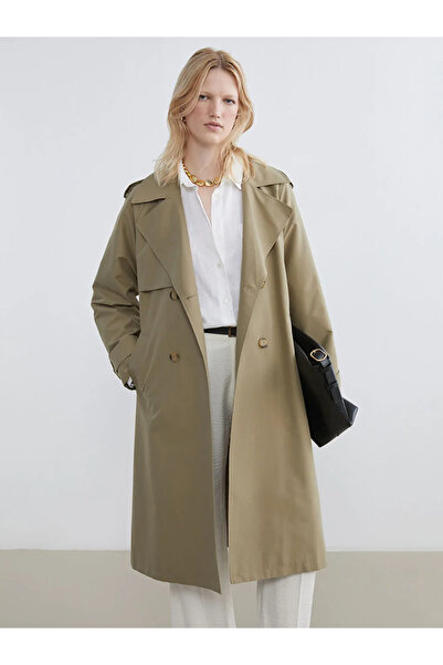 LC Waikiki Green Double-Breasted Collar Women's Trench Coat