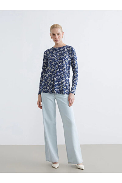 LC Waikiki Navy Blue Crew Neck Patterned Blouse