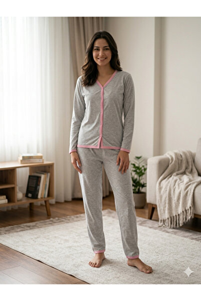 FAMES PİJAMA Plus Size Front Buttoned Combed Cotton Pajama Set