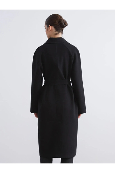 LC Waikiki Black Double-Breasted Collared Women's Cashmere Coat with Belt at ...