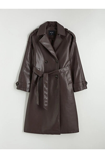 LC Waikiki Brown Double-Breasted Collar Leather-Look Women's Trench Coat