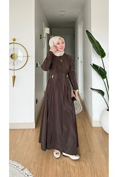 MİREL STORE New Season Iconic Gold Brooch Belted Modal Dress