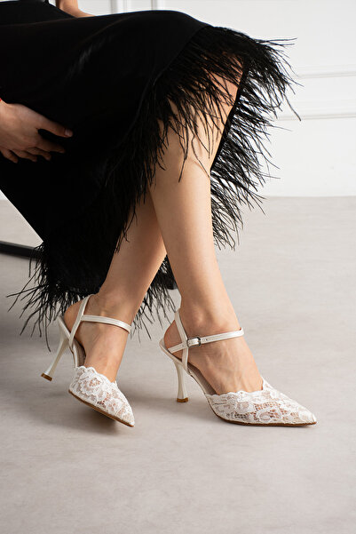 senin shoes HENNA Beyaz Dantel Nakış Detay Bilek Bağlı İnce topuklu GELİN AYA...