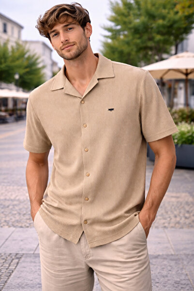 ince moda giyim Premium Keten Dokulu Erkek Gömlek – Açık Yaka, Slim Fit, Kısa...
