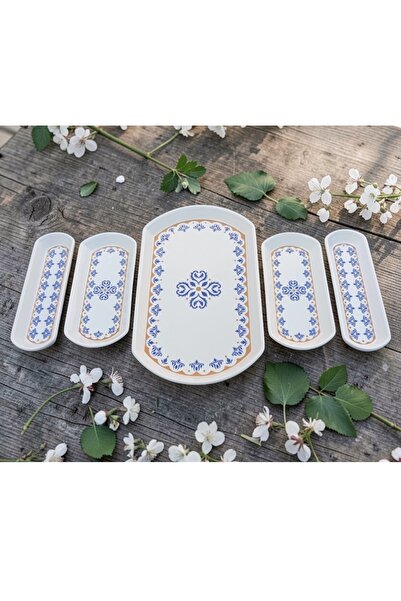 Pinkev Ottoman 5 Piece Ceramic Oval Kayık Breakfast Olive Dish Serving Presen...