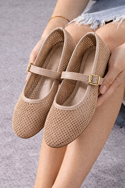 STOCON Avila Mink Mesh Gold Buckle Belted Ballerinas Summer Ballerinas Stc1285