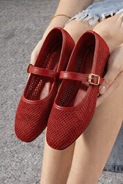 STOCON Avila Red Mesh Gold Buckle Belted Ballerina Summer Ballerina Stc1285