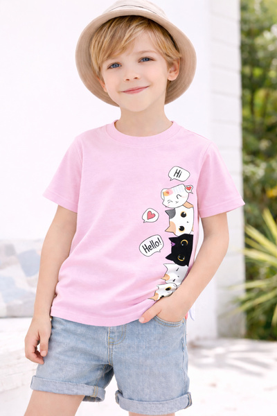 ArtYus تي شيرت للأطفال مطبوع عليه Hello Cat - تي شيرت قطني برسومات مرحة