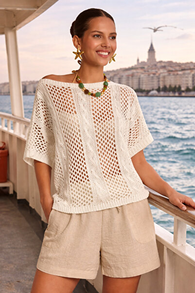 FİFTY ONE Kadın Ekru Ajurlu Triko Bluz Oversize Salaş Yazlık File Örgü Bluz