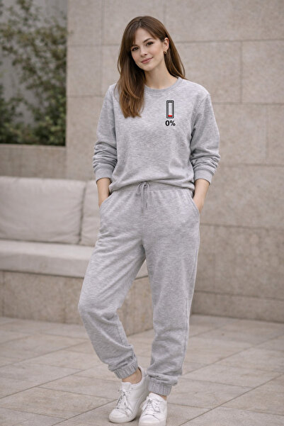 EFFRENATU Lıvo Printed Oversize Hoodless Tracksuit Set – Gray Color – Casual ...