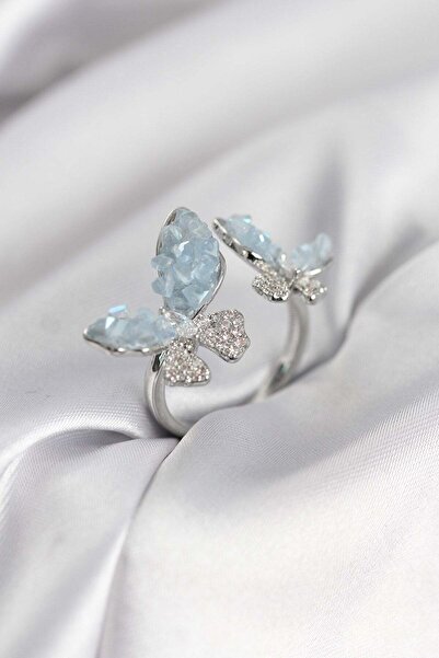 Inure Jewelry خاتم نسائي فضي اللون بتصميم فراشة زرقاء مرصع بحجر الزركون