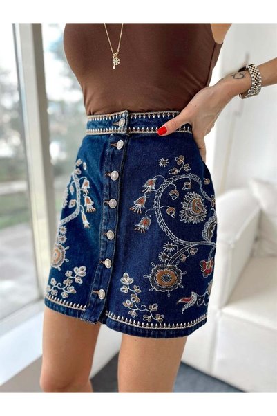 Maldia Shop Women's Buttoned Embroidered Design Mini Denim Skirt