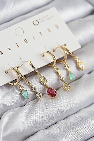 Inure Jewelry Brass Zircon Stone Dangle Model Gold Color Set of 6 Earrings