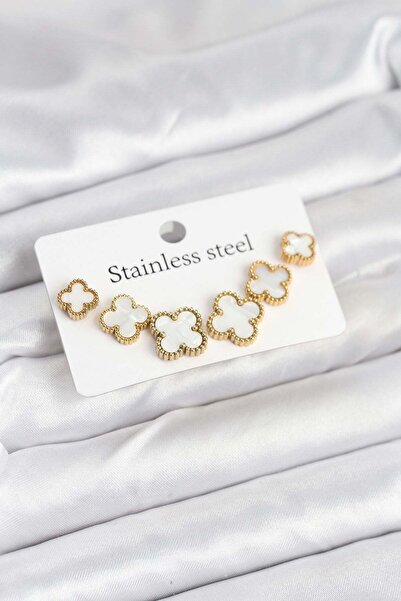 Inure Jewelry 316L Steel Gold White Color 3 Size Clover Earring Set