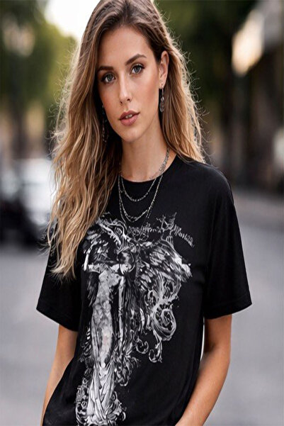LAND MODA Tricou negru unisex supradimensionat cu imprimeu Gothic Angel – Sti...