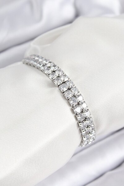 Inure Jewelry Brass Zircon Stone Double Row Square Model Silver Color Elevato...