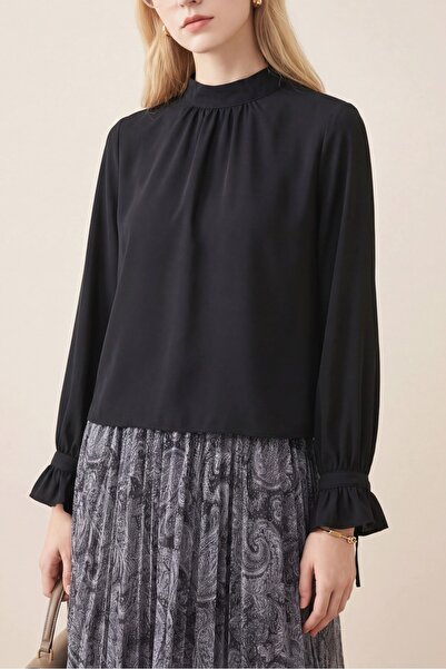 MissRunin Dik Yaka Kolu Fırfırlı Bağcıklı Arkası Fermuarlı Ithal Krep Bluz