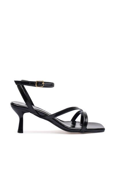 Long Star Sandale cu toc subțire, negre, pentru femei, cu curele, elegante, c...